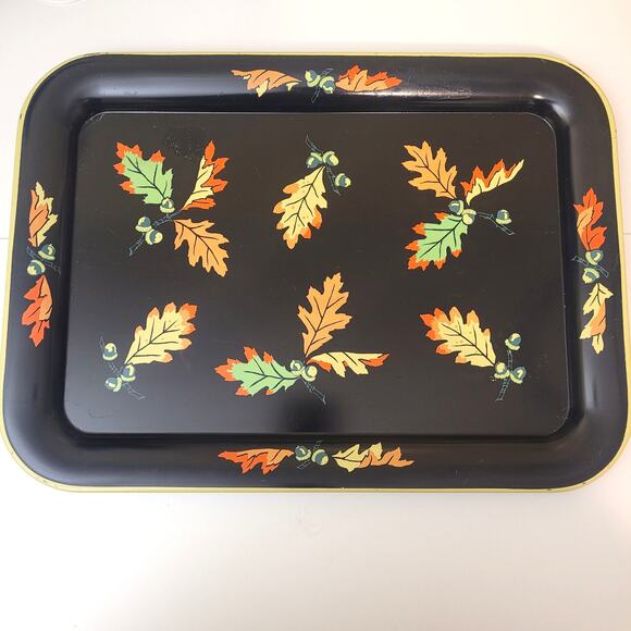 Vintage Black Metal Tray Autumn Oak Leaves Acorns Serving Kitchen Decor - Picture 1 of 7